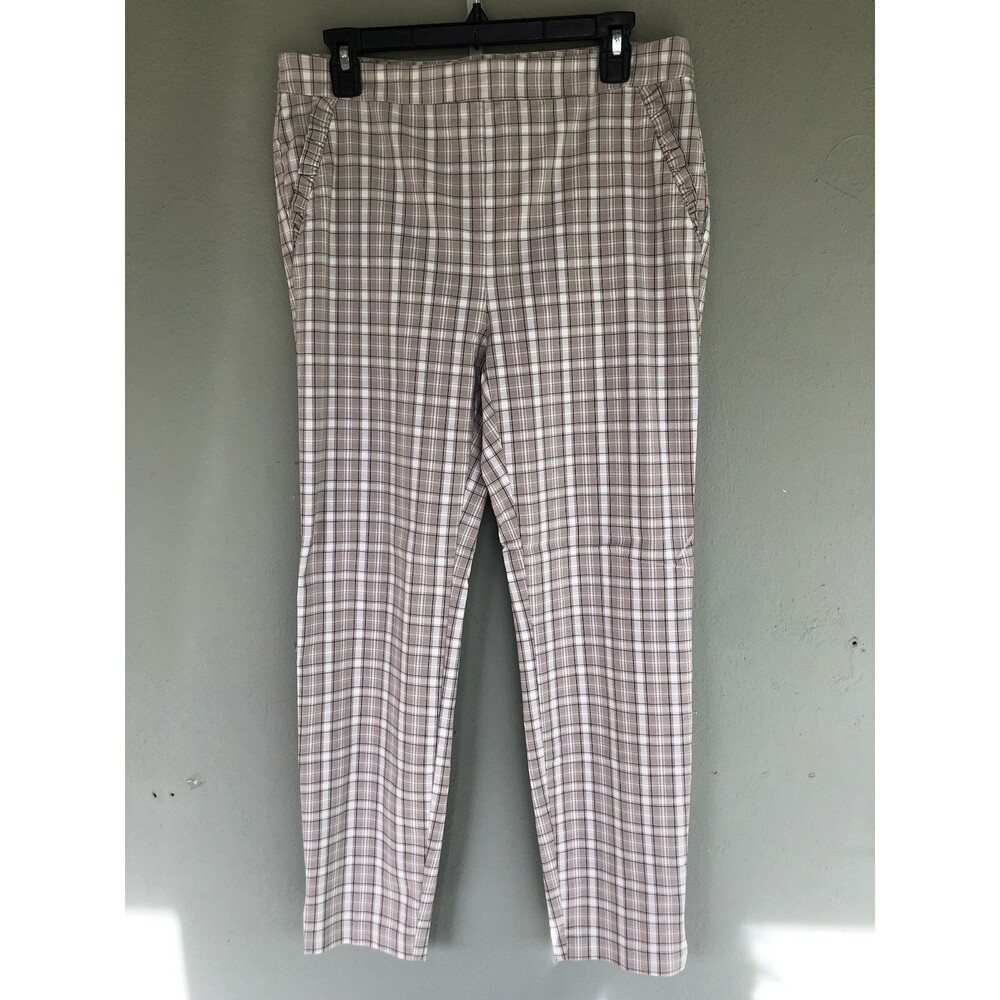 Nikki Plaid Pull On Pants Women L Beige Brown Stretch RuffleTrim Office Academia